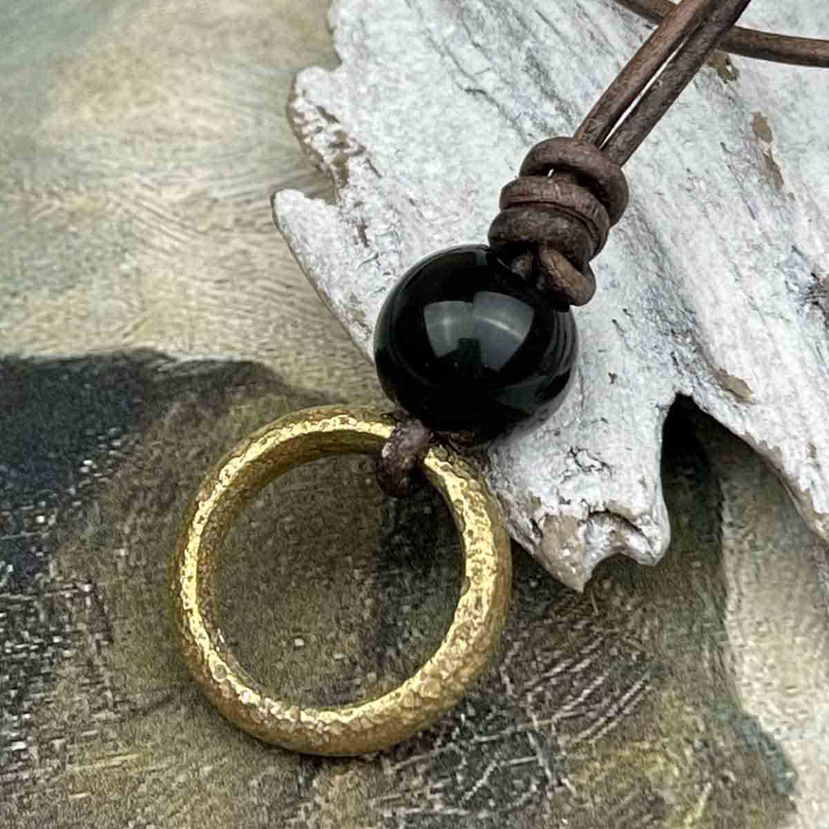 Intense Light Golden Bronze Celtic Ring Money &amp; Genuine Obsidian Leather Necklace