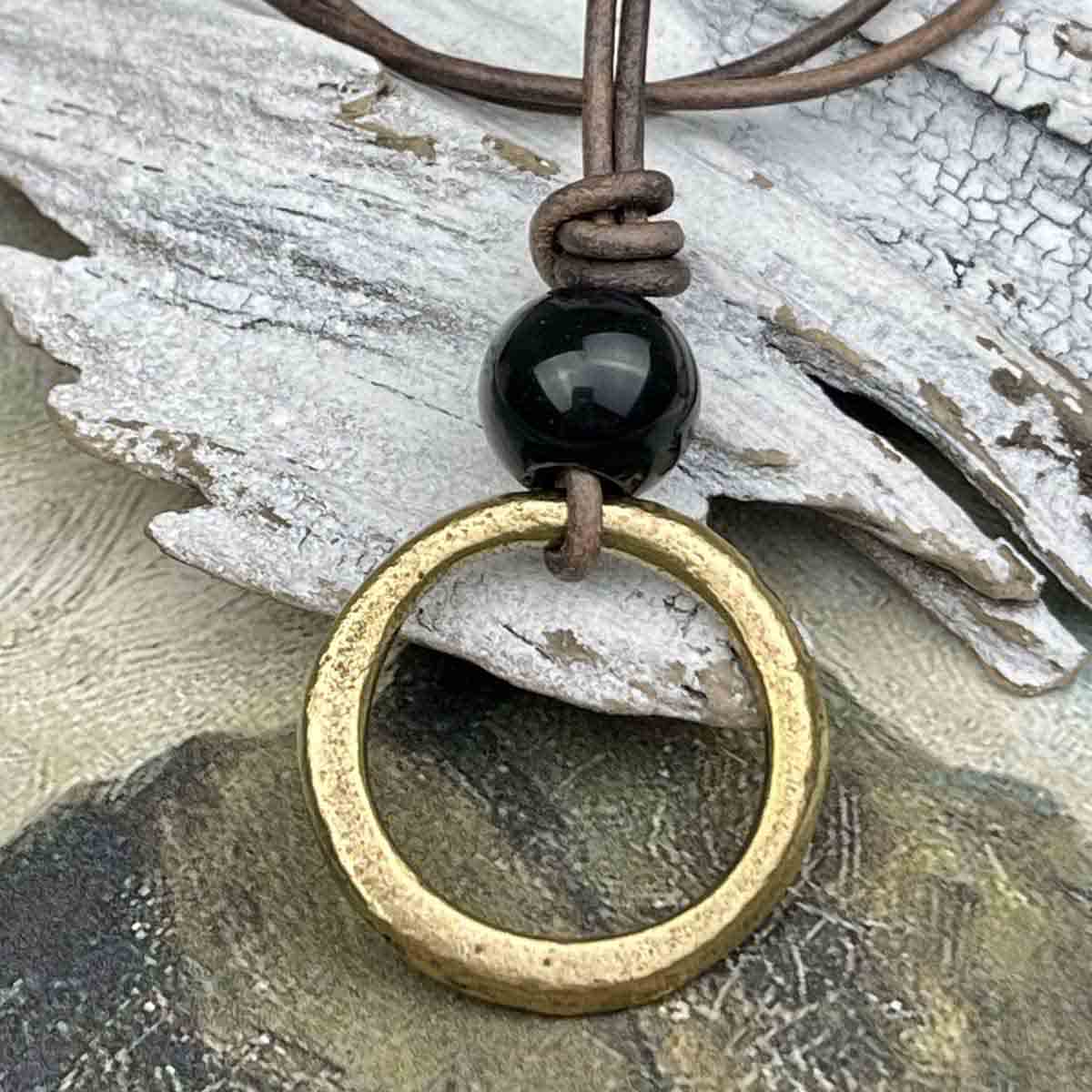 Brightest Golden Bronze Celtic Ring Money &amp; Genuine Obsidian Leather Necklace