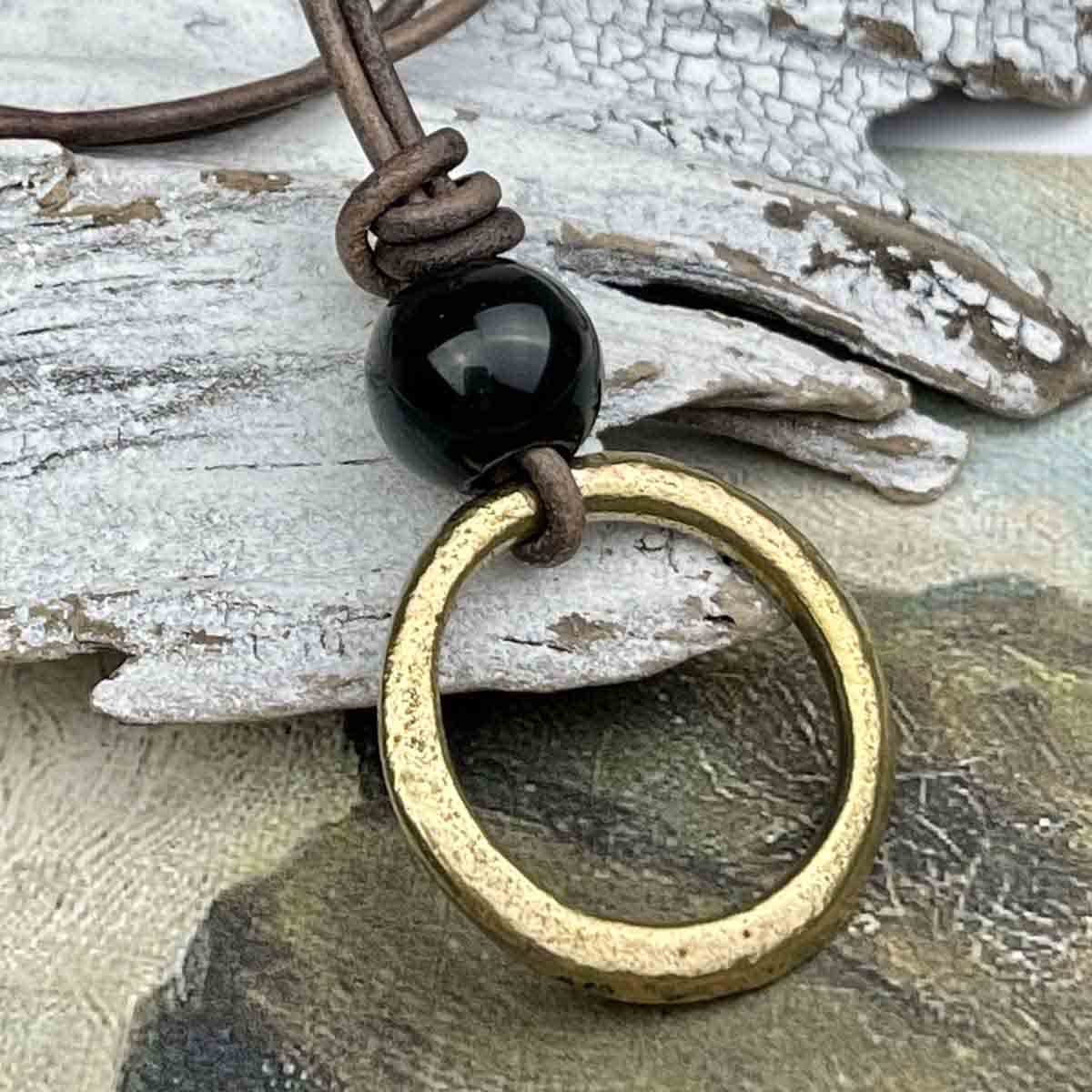 Brightest Golden Bronze Celtic Ring Money &amp; Genuine Obsidian Leather Necklace