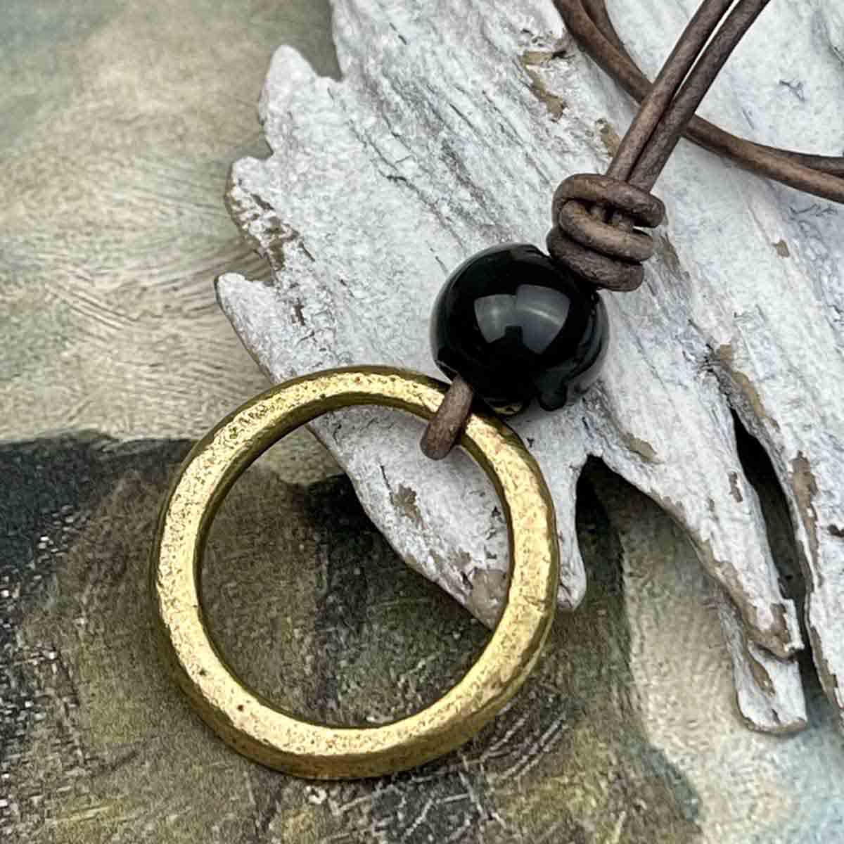 Brightest Golden Bronze Celtic Ring Money &amp; Genuine Obsidian Leather Necklace