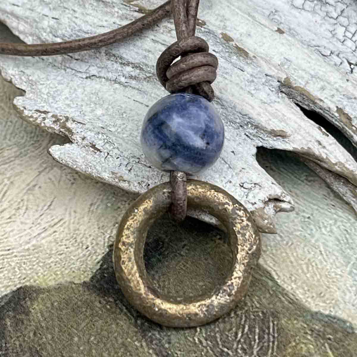 Petite Burnished Bronze Celtic Ring Money &amp; Genuine Sodalite Leather Necklace