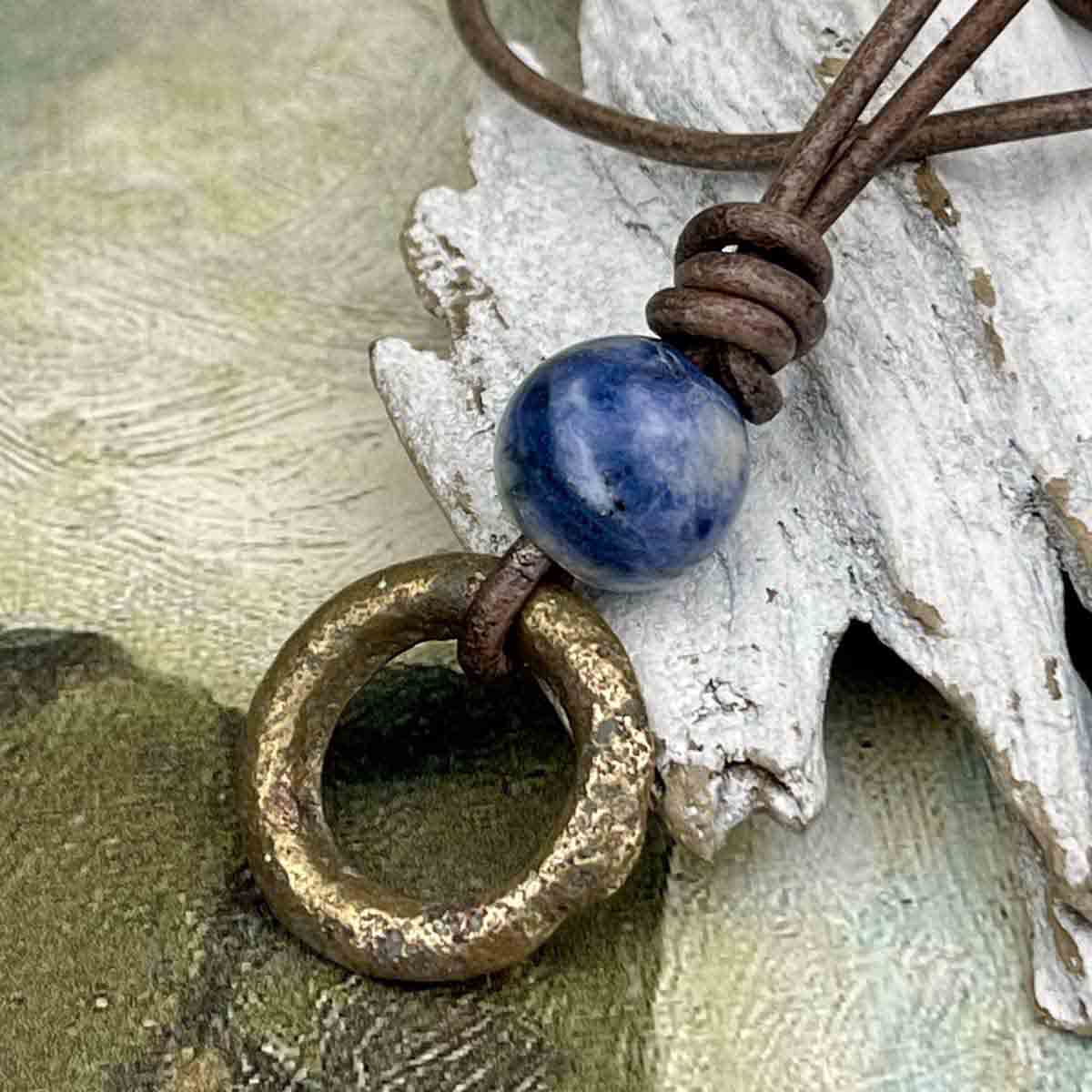 Petite Burnished Bronze Celtic Ring Money &amp; Genuine Sodalite Leather Necklace