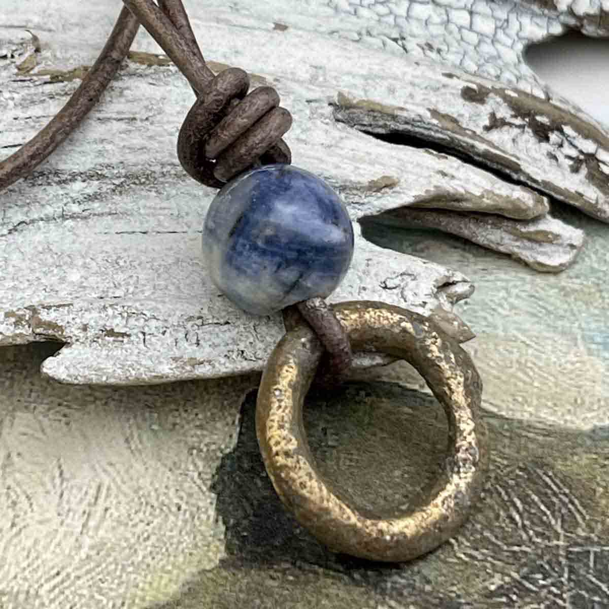 Petite Burnished Bronze Celtic Ring Money &amp; Genuine Sodalite Leather Necklace