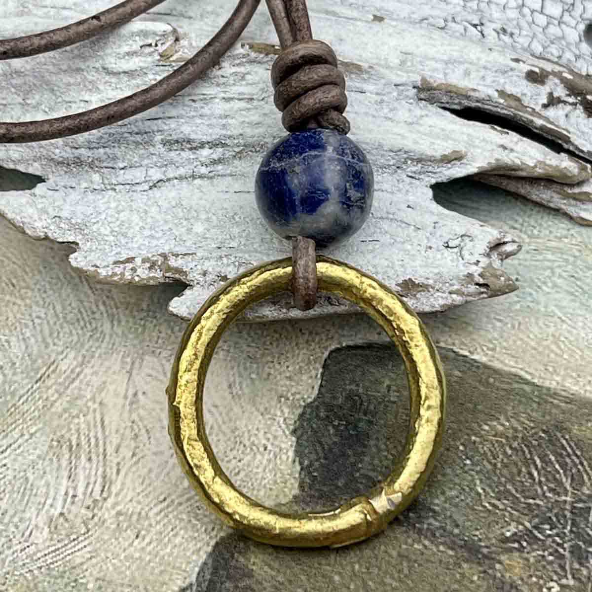 Glowing Golden Bronze Celtic Ring Money &amp; Genuine Sodalite Leather Necklace