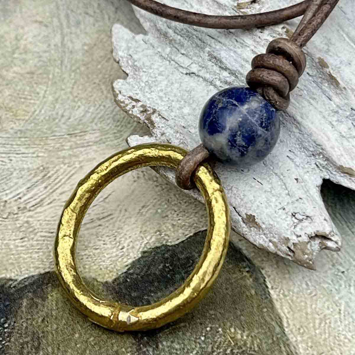 Glowing Golden Bronze Celtic Ring Money &amp; Genuine Sodalite Leather Necklace