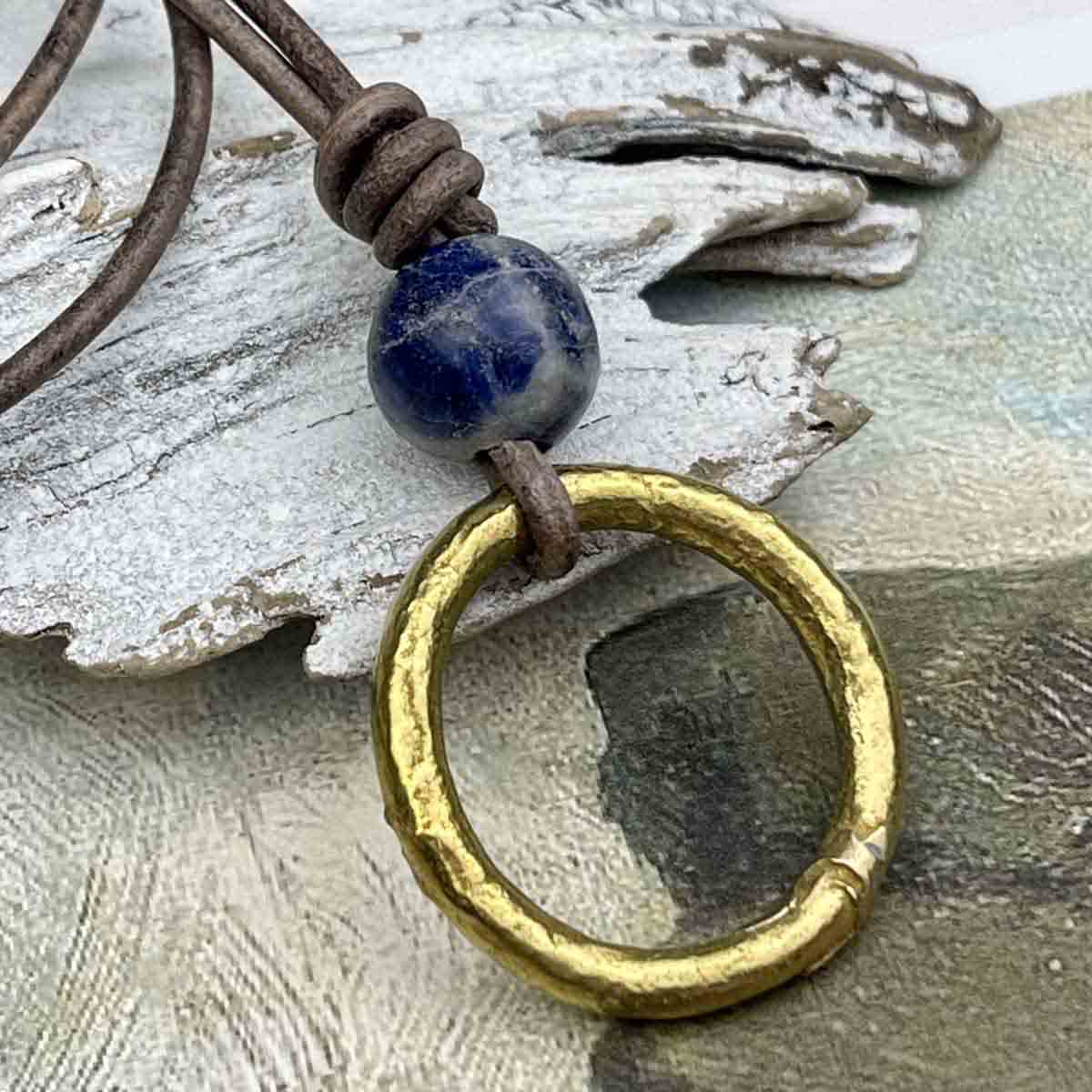 Glowing Golden Bronze Celtic Ring Money &amp; Genuine Sodalite Leather Necklace