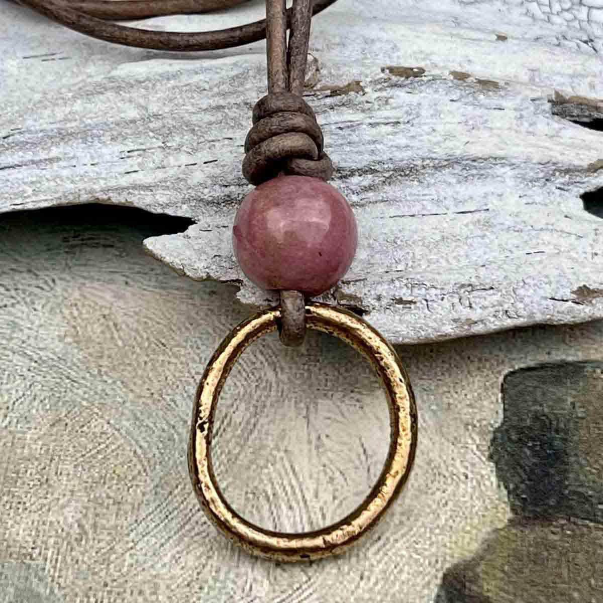 Warm Red Oval Bronze Celtic Ring Money &amp; Genuine Rhodonite Leather Necklace