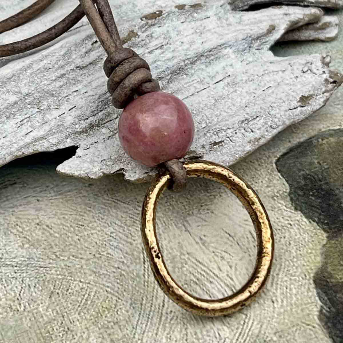 Warm Red Oval Bronze Celtic Ring Money &amp; Genuine Rhodonite Leather Necklace