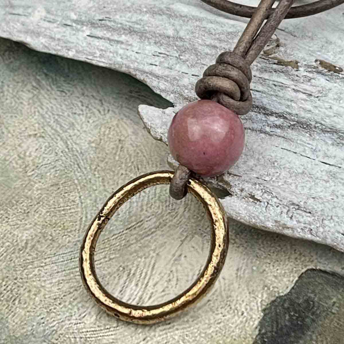 Warm Red Oval Bronze Celtic Ring Money &amp; Genuine Rhodonite Leather Necklace