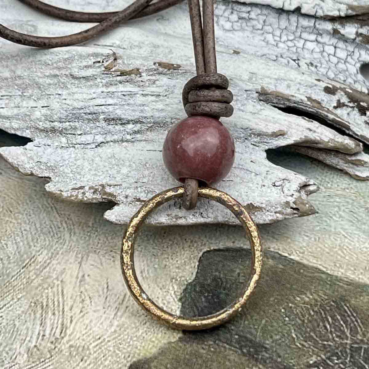 Rich Darkening Bronze Celtic Ring Money &amp; Genuine Rhodonite Leather Necklace