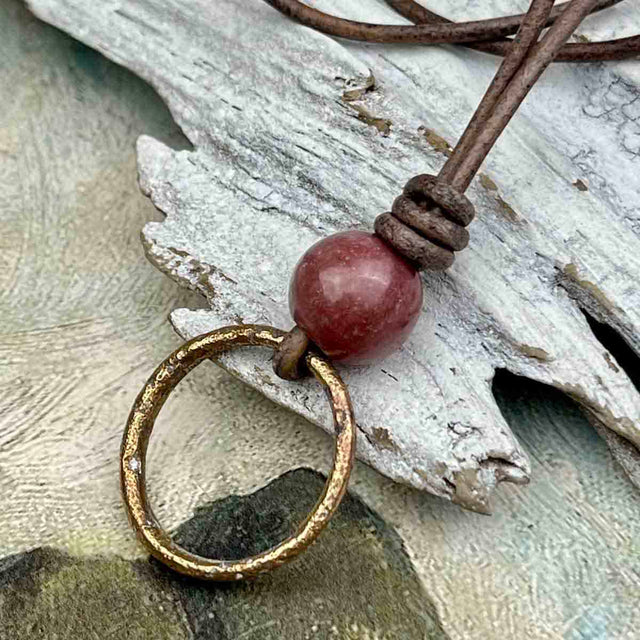 Rich Darkening Bronze Celtic Ring Money & Genuine Rhodonite Leather Necklace