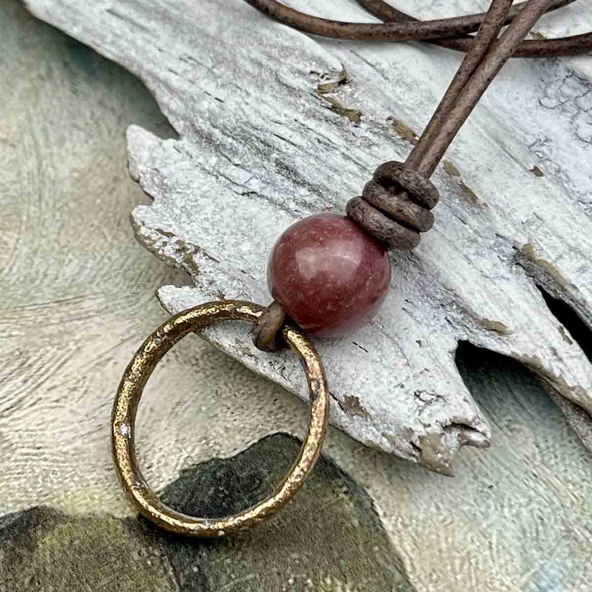 Rich Darkening Bronze Celtic Ring Money &amp; Genuine Rhodonite Leather Necklace