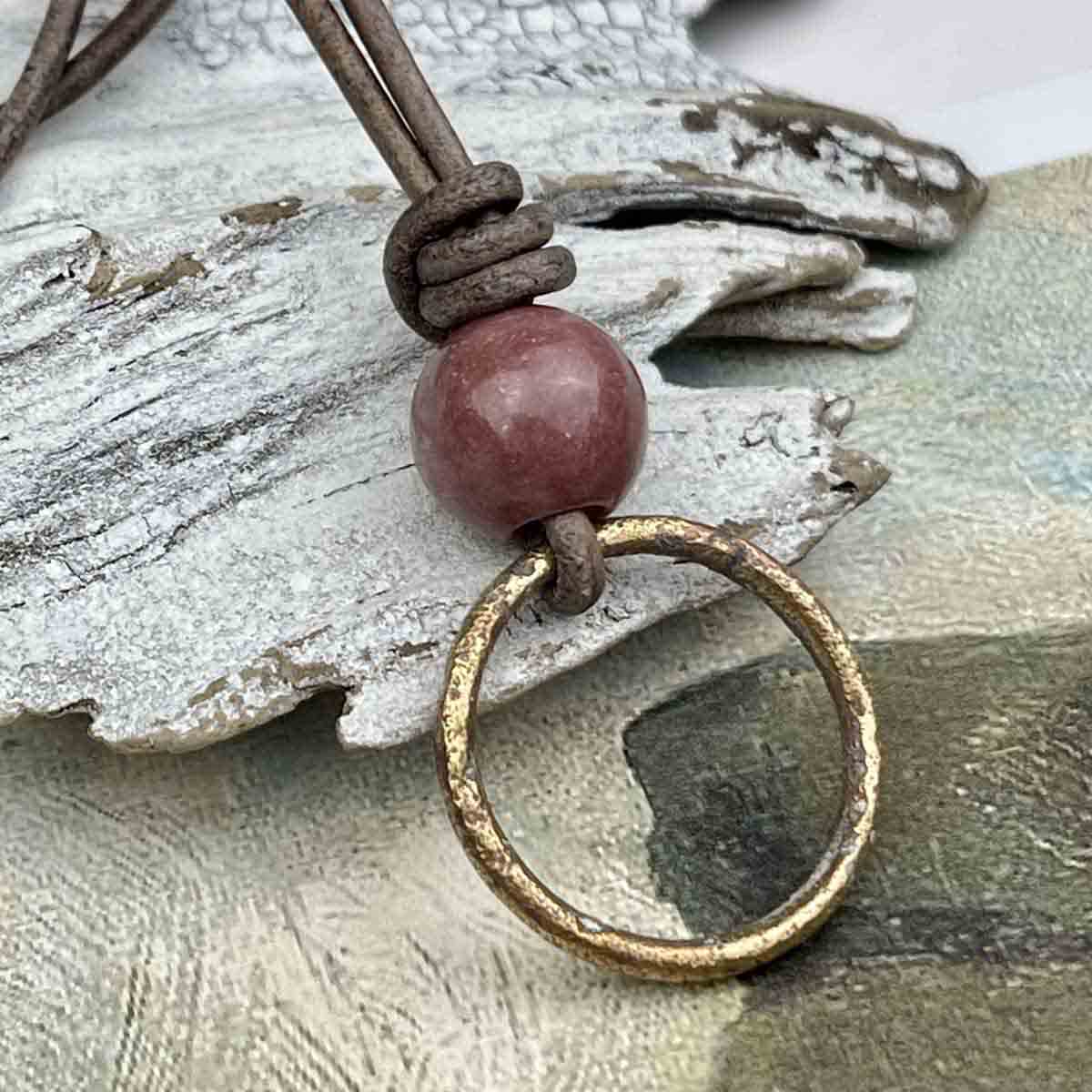 Rich Darkening Bronze Celtic Ring Money &amp; Genuine Rhodonite Leather Necklace