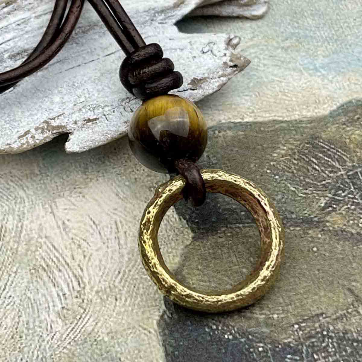 Warm Golden Bronze Celtic Ring Money &amp; Genuine Tiger&#39;s Eye Leather Necklace