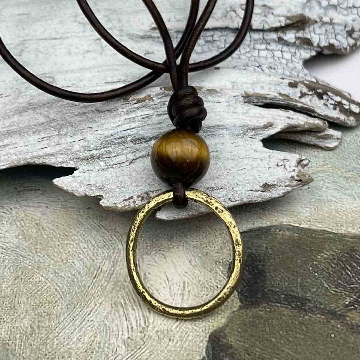 Light Bright Bronze Celtic Ring Money &amp; Genuine Tiger&#39;s Eye Leather Necklace