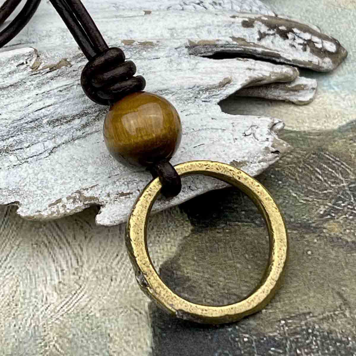 Flat Burnished Bronze Celtic Ring Money & Genuine Tiger's Eye Leather Necklace