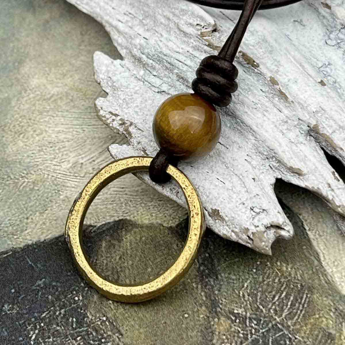 Flat Burnished Bronze Celtic Ring Money &amp; Genuine Tiger&#39;s Eye Leather Necklace