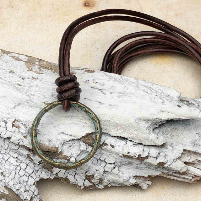 Green Gold Bronze Celtic Ring Money Leather Necklace