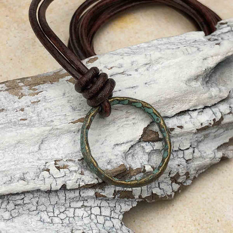 Green Gold Bronze Celtic Ring Money Leather Necklace