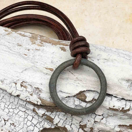 Deep Green Bronze Celtic Ring Money Leather Necklace