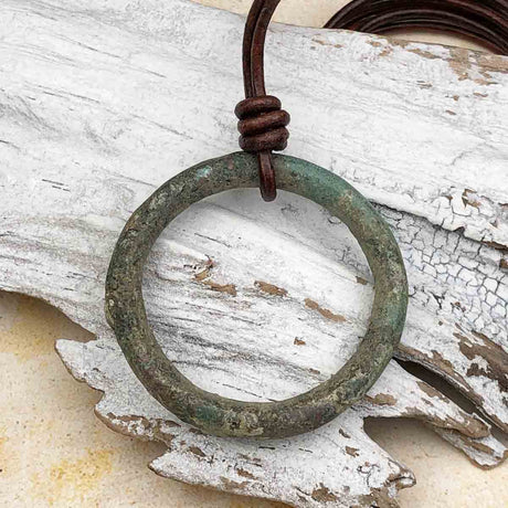 Extra Large Deep Variegated Green Bronze Celtic Ring Money Leather Necklace
