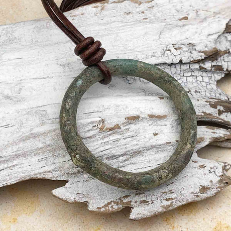 Extra Large Deep Variegated Green Bronze Celtic Ring Money Leather Necklace