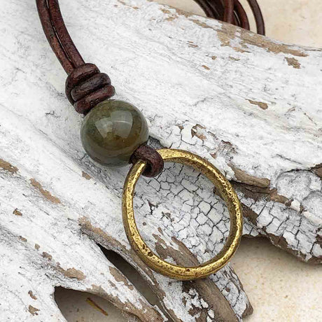 Oval Golden Bronze Celtic Ring Money and Fancy Jasper Leather Necklace