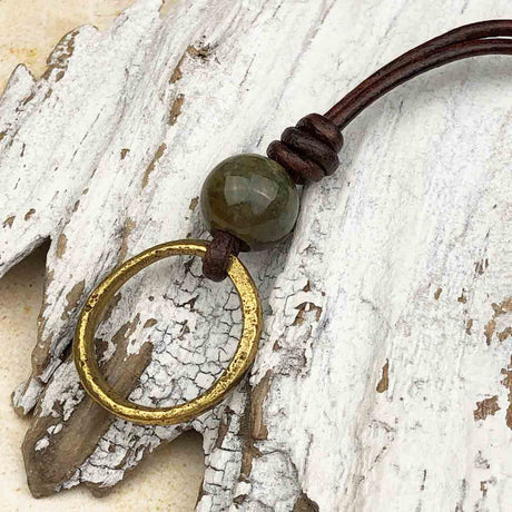 Oval Golden Bronze Celtic Ring Money and Fancy Jasper Leather Necklace