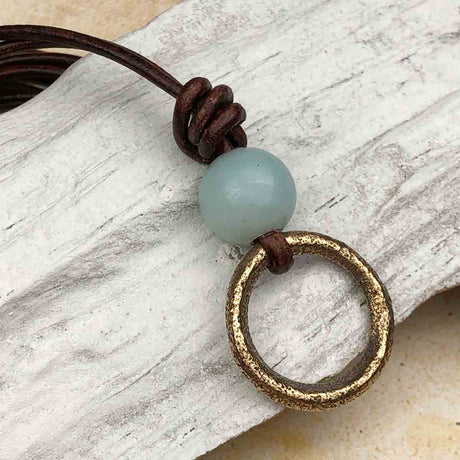 Warm Golden Bronze Celtic Ring Money and Amazonite Leather Necklace