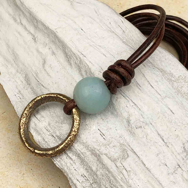 Warm Golden Bronze Celtic Ring Money and Amazonite Leather Necklace