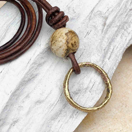 Bright Light Golden Bronze and Picture Jasper Celtic Ring Money Leather Necklace