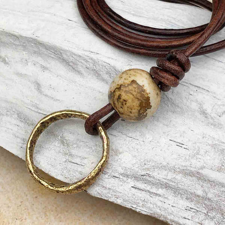 Bright Light Golden Bronze and Picture Jasper Celtic Ring Money Leather Necklace