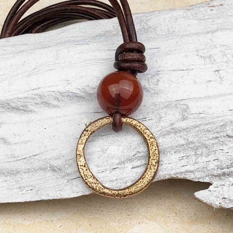 Warm Red Bronze Celtic Ring Money and Carnelian Leather Necklace