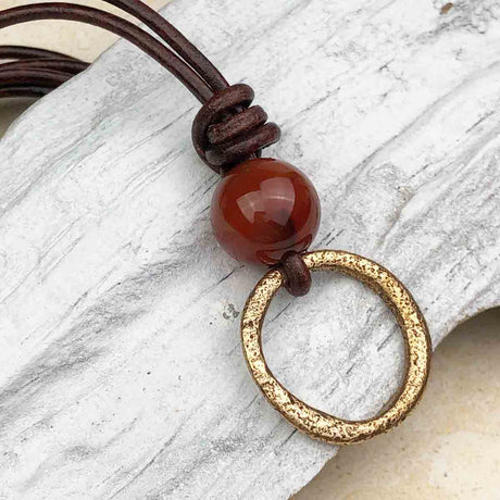 Warm Red Bronze Celtic Ring Money and Carnelian Leather Necklace
