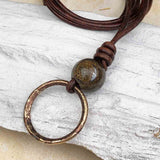 Dark to Light Bronze Celtic Ring Money and Bronzite Leather Necklace