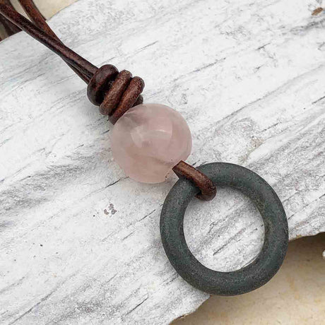 Thick Deepest Green Bronze and Rose Quartz Celtic Ring Money Leather Necklace