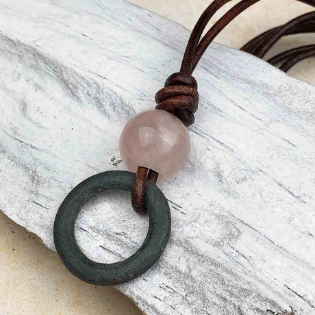 Thick Deepest Green Bronze and Rose Quartz Celtic Ring Money Leather Necklace