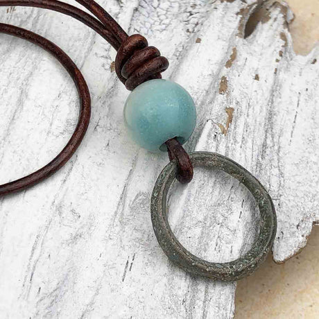Light Green Bronze and Amazonite Celtic Ring Money Leather Necklace