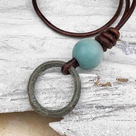 Light Green Bronze and Amazonite Celtic Ring Money Leather Necklace