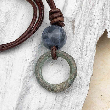 Rare Raised Ridge Green Bronze and Sodalite Celtic Ring Money Leather Necklace