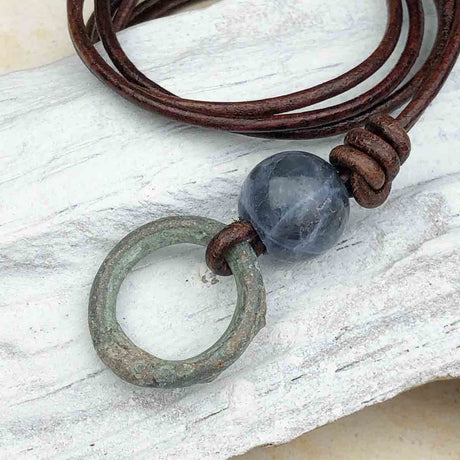 Rare Raised Ridge Green Bronze and Sodalite Celtic Ring Money Leather Necklace