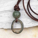 Oval Green to Bronze and Ocean Jasper Celtic Ring Money Leather Necklace