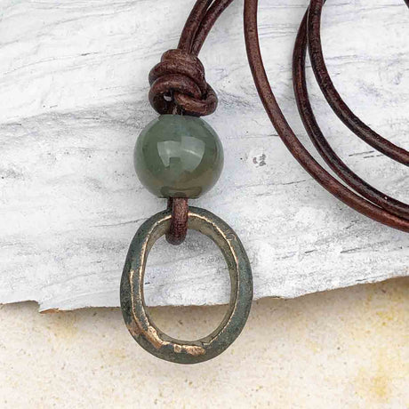 Oval Green to Bronze and Ocean Jasper Celtic Ring Money Leather Necklace