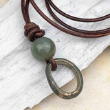 Oval Green to Bronze and Ocean Jasper Celtic Ring Money Leather Necklace