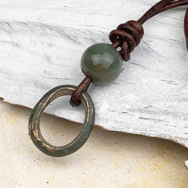 Oval Green to Bronze and Ocean Jasper Celtic Ring Money Leather Necklace