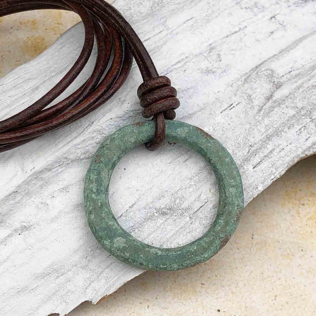 Large Bright Variegated Green Bronze Celtic Ring Money Leather Necklace