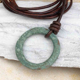 Large Bright Variegated Green Bronze Celtic Ring Money Leather Necklace