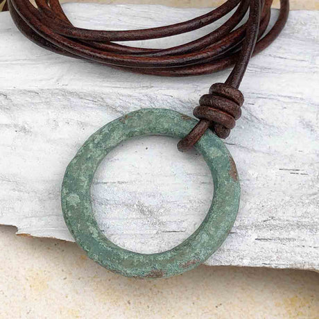 Large Bright Variegated Green Bronze Celtic Ring Money Leather Necklace