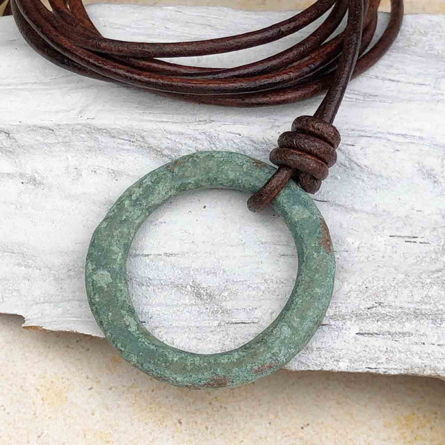 Large Bright Variegated Green Bronze Celtic Ring Money Leather Necklace