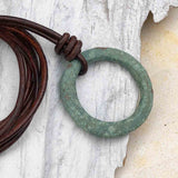 Large Bright Variegated Green Bronze Celtic Ring Money Leather Necklace